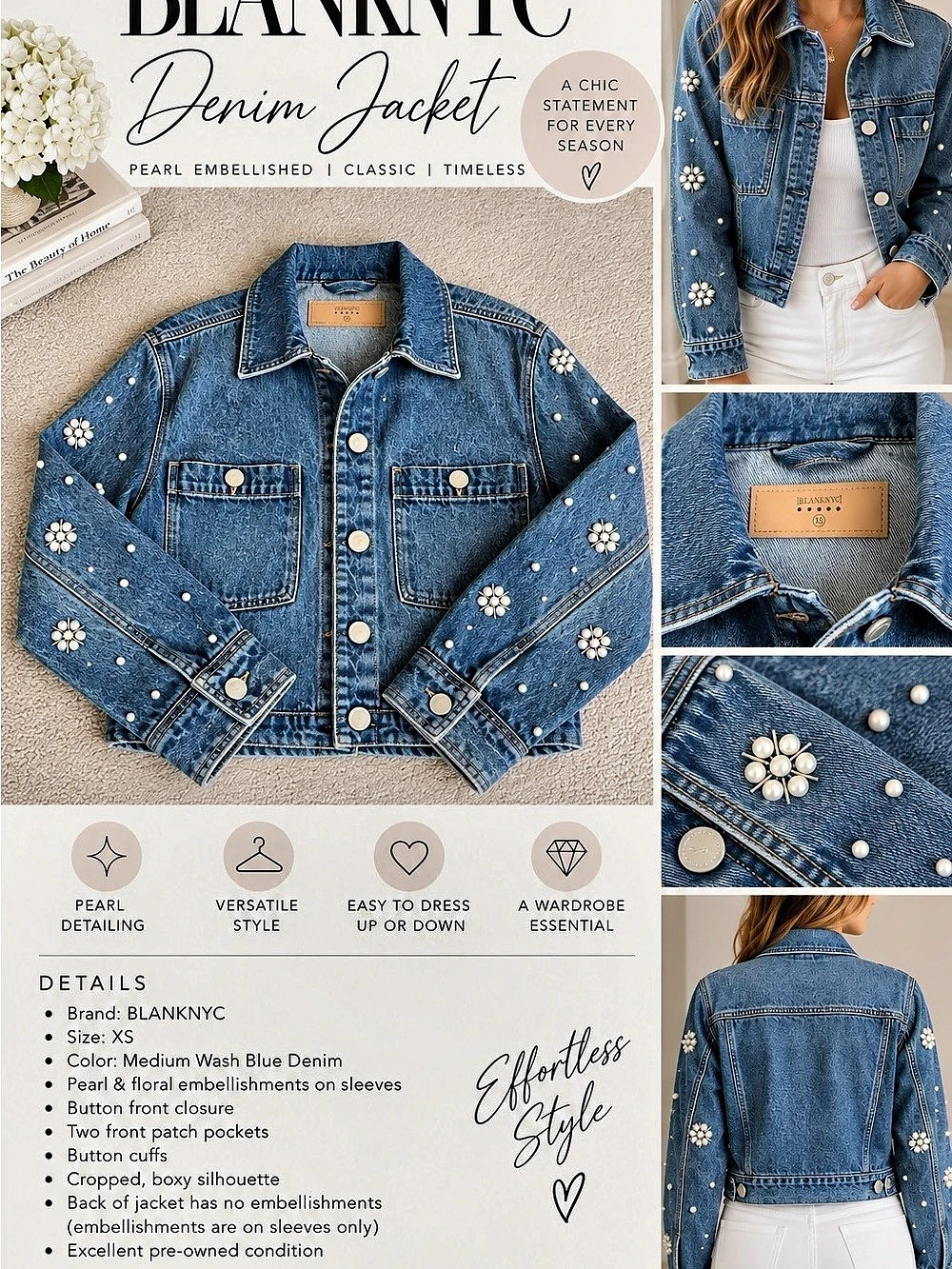 BlankNYC Pearl Embellished Denim Jacket Blue Size XS